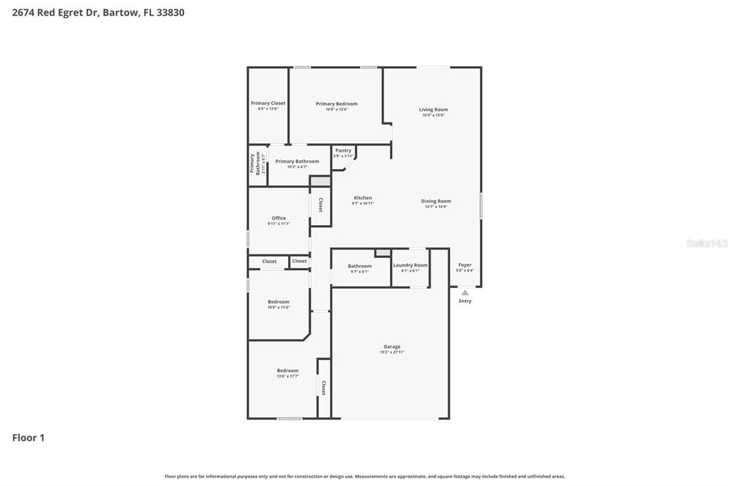 This is a floor plan for a single-story house with a garage and multiple bedrooms — 2674 RED EGRET DRIVE, BARTOW, FL