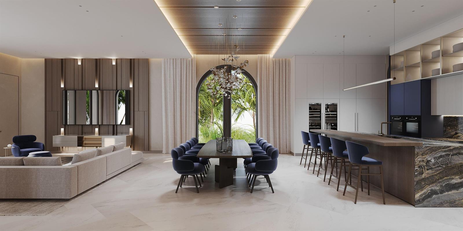 This is a rendering of an open-concept living, dining, and kitchen area with modern finishes — 965 Marlin Drive, Jupiter FL 33458, JUPITER, FL
