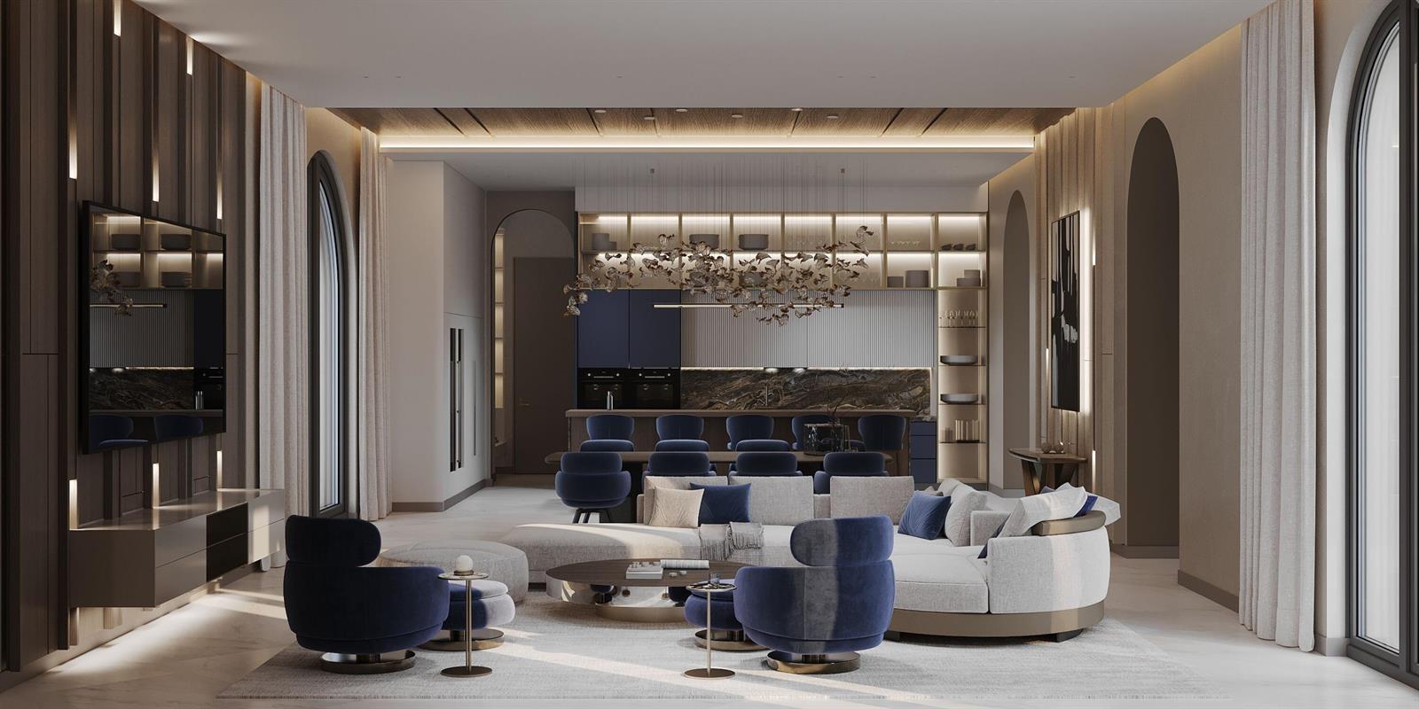 This rendering shows a modern open-concept living and dining area with blue velvet furniture — 965 Marlin Drive, Jupiter FL 33458, JUPITER, FL