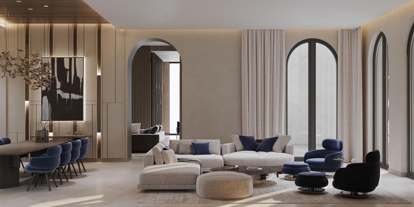 This is a rendering of a modern living and dining room with arched doorways — 965 Marlin Drive, Jupiter FL 33458, JUPITER, FL