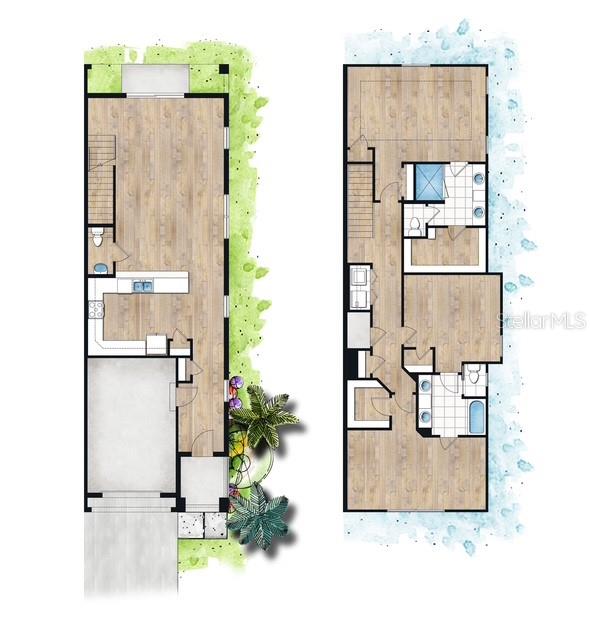 This is a two-story floor plan rendering showing a garage, living areas, and bedrooms — 2508 W GRAY STREET UNIT 1, TAMPA, FL