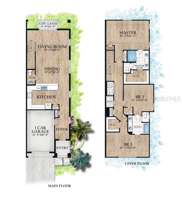 This floor plan shows the main and upper levels of a two-story residential unit — 2508 W GRAY STREET UNIT 1, TAMPA, FL
