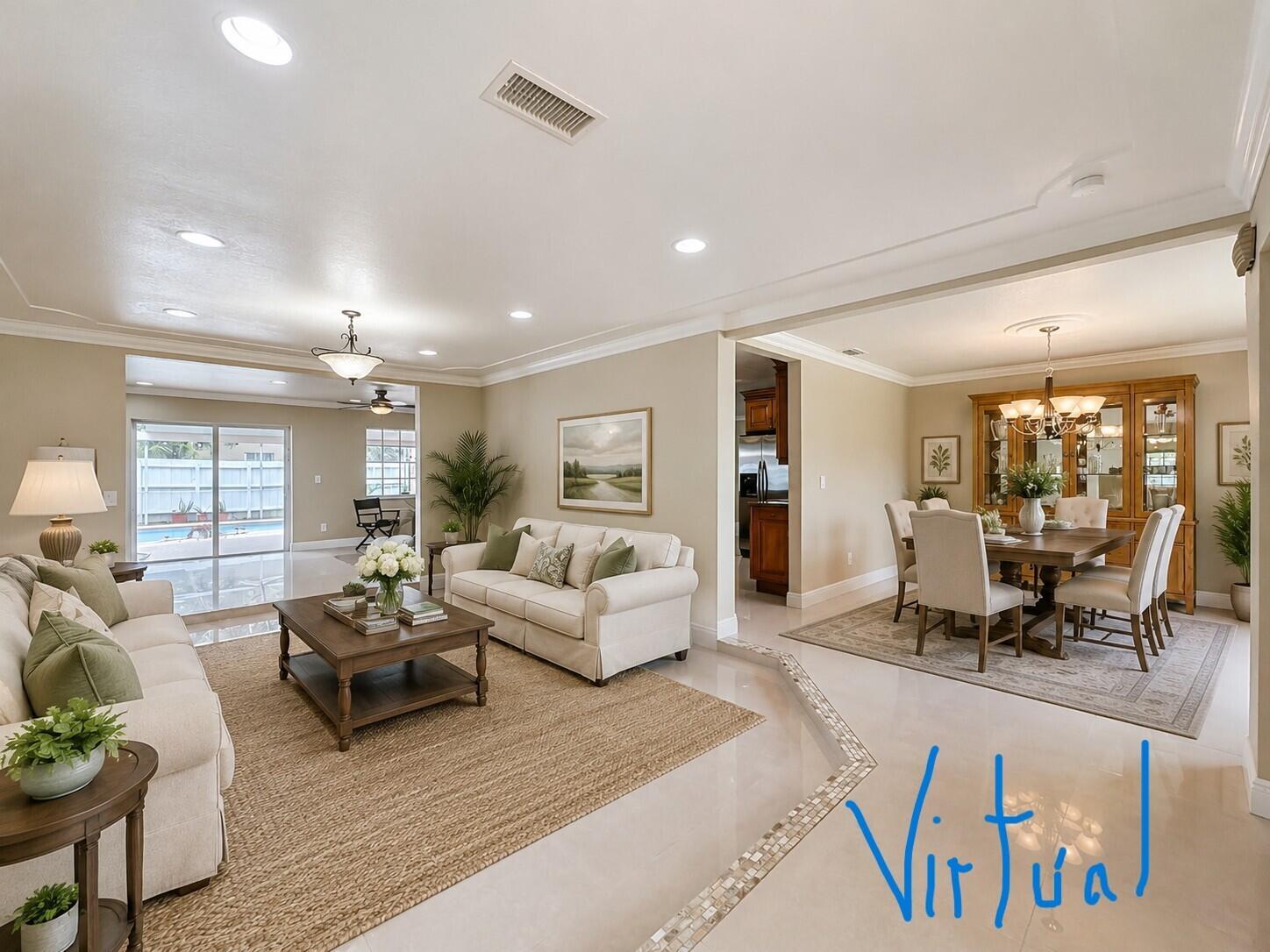 A living room and dining area with tile floors, neutral walls, and a pool view — 851 E Plantation Circle, Plantation FL 33324, PLANTATION, FL