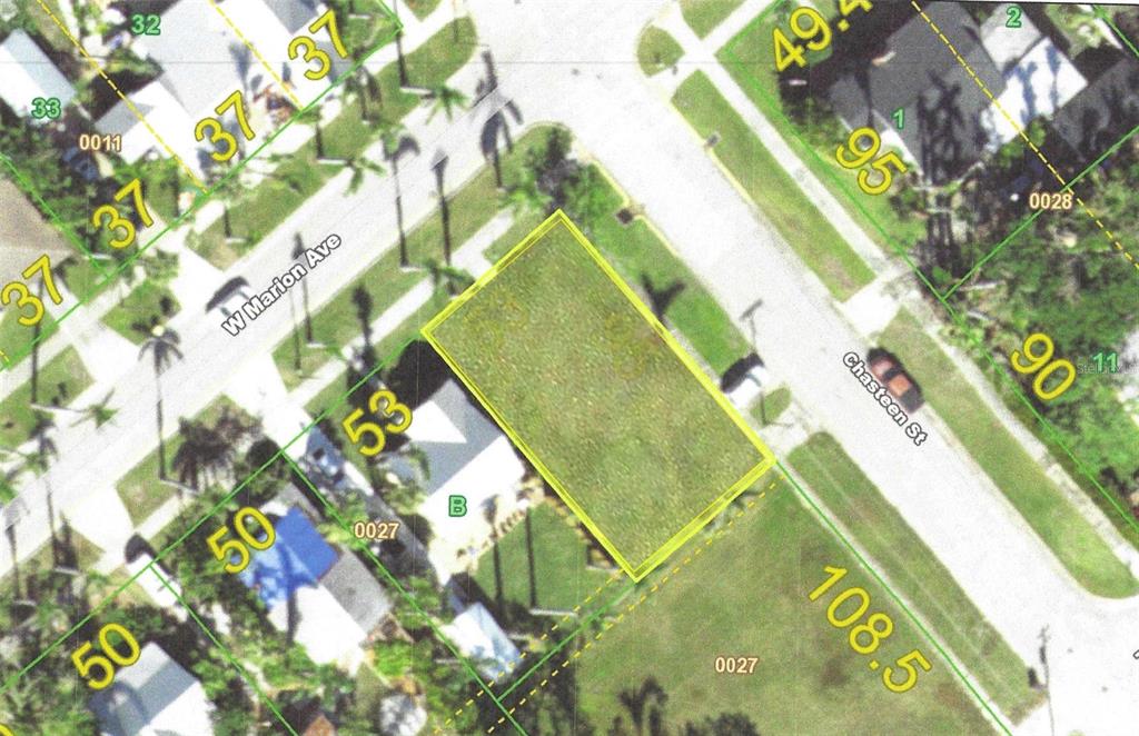 This is an aerial map view of a rectangular vacant lot located at a street corner — 205 CHASTEEN STREET, PUNTA GORDA, FL