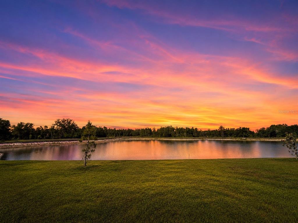 A grassy lawn overlooks a calm pond under a vibrant sunset sky with colorful clouds — 35710 KINSEY POINT, ZEPHYRHILLS, FL