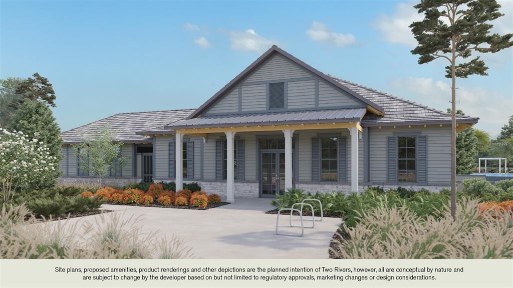 This is a digital rendering of a single-story clubhouse exterior with a covered front porch — 36580 SAGEMOOR DRIVE, ZEPHYRHILLS, FL