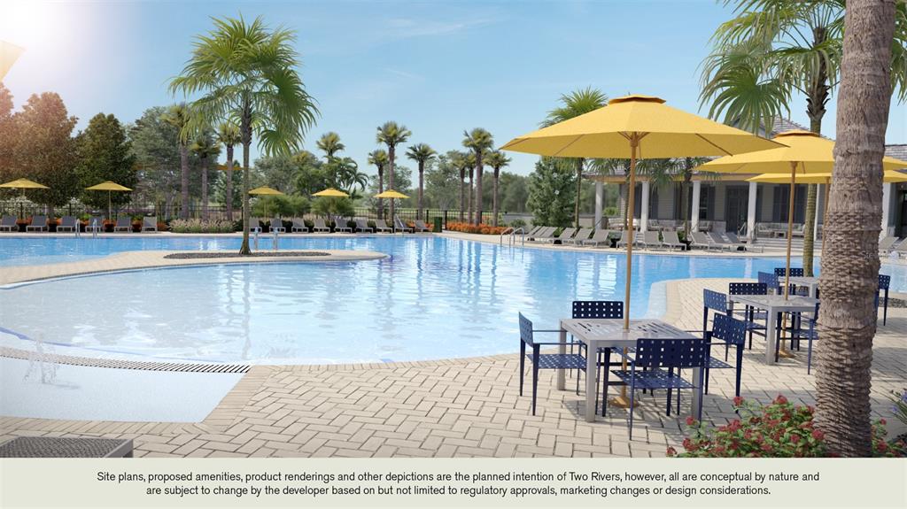 This rendering shows a swimming pool with patio seating and yellow umbrellas at a resort — 36580 SAGEMOOR DRIVE, ZEPHYRHILLS, FL