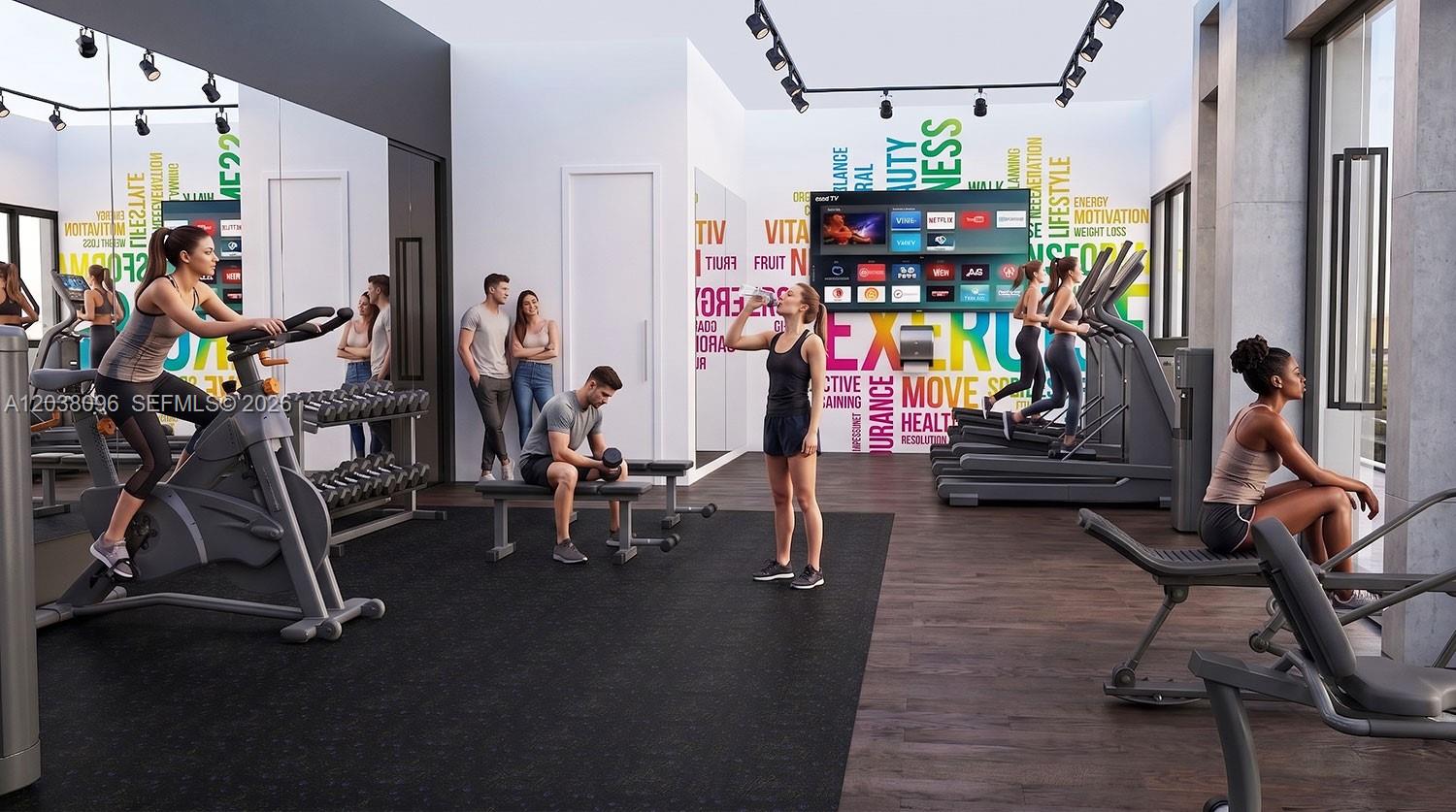 This rendering shows a modern gym with exercise equipment, mirrored walls, and colorful wall typography — 315 NW 27th Ave # 310, Miami FL 33125, MIAMI, FL