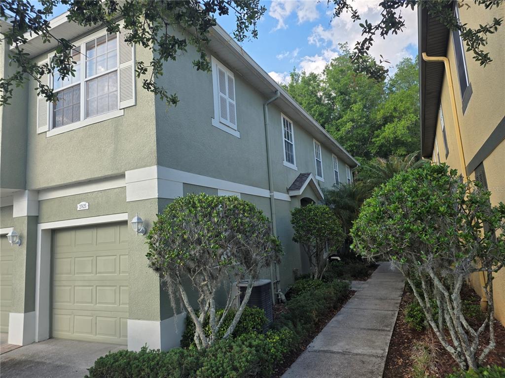 A two-story green townhouse with a garage and a walkway leading to the entrance — 27625 PLEASURE RIDE LOOP, WESLEY CHAPEL, FL