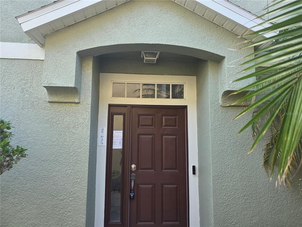 A brown front door with a side window and transom sits under a stucco archway — 27625 PLEASURE RIDE LOOP, WESLEY CHAPEL, FL
