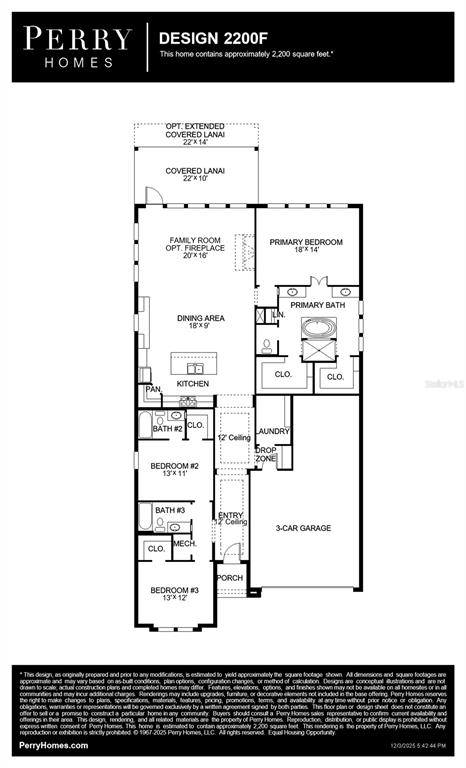 This is a floor plan for a Perry Homes Design 2200F residential property — 3820 109TH STREET EAST, PALMETTO, FL