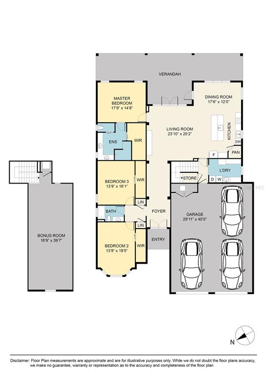 This floor plan shows a house with three bedrooms, a large garage, and a bonus room — 5845 STORMS AVENUE, THE VILLAGES, FL