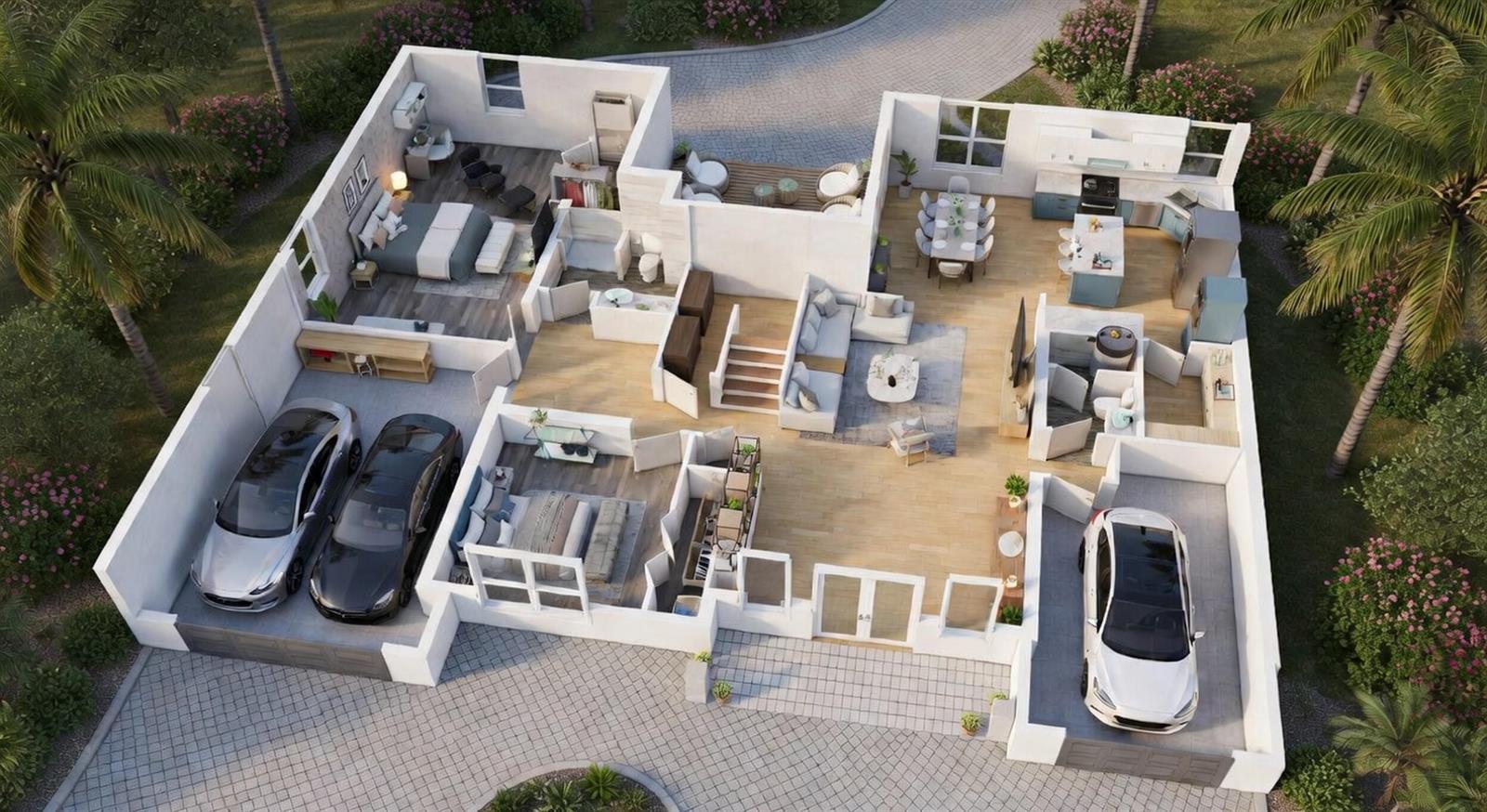 This 3D floor plan rendering shows a modern house with three garages and an open layout — 440 Harbour Road, North Palm Beach FL 33408, NORTH PALM BEACH, FL