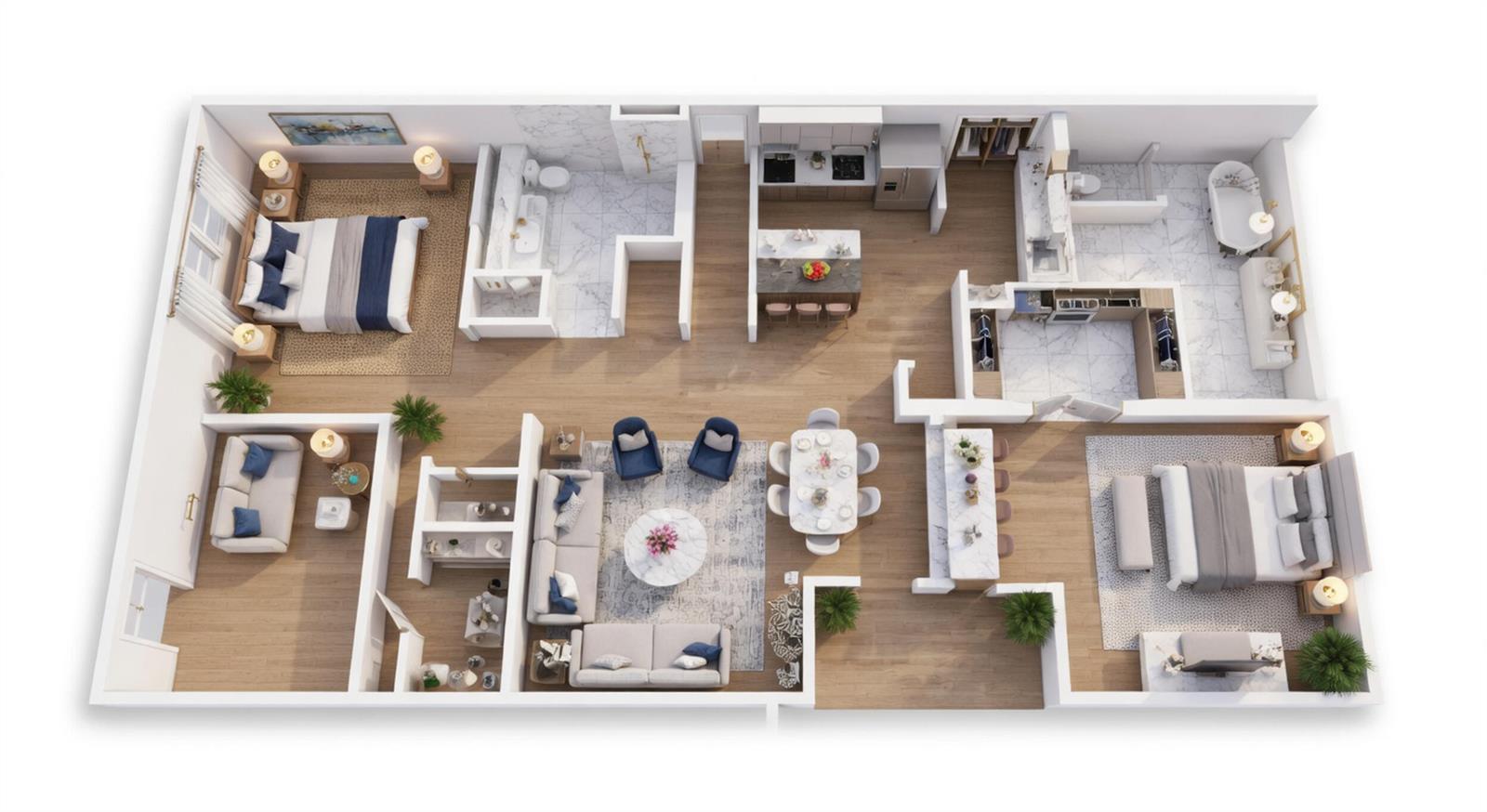 This 3D floor plan rendering shows a two-bedroom apartment with wood flooring and marble bathrooms — 440 Harbour Road, North Palm Beach FL 33408, NORTH PALM BEACH, FL