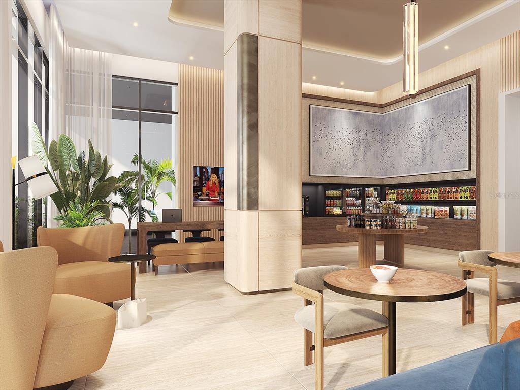 This is a rendering of a modern hotel lobby featuring a marble reception desk and sculpture — 1000 BOULEVARD OF THE ARTS UNIT 1806, SARASOTA, FL