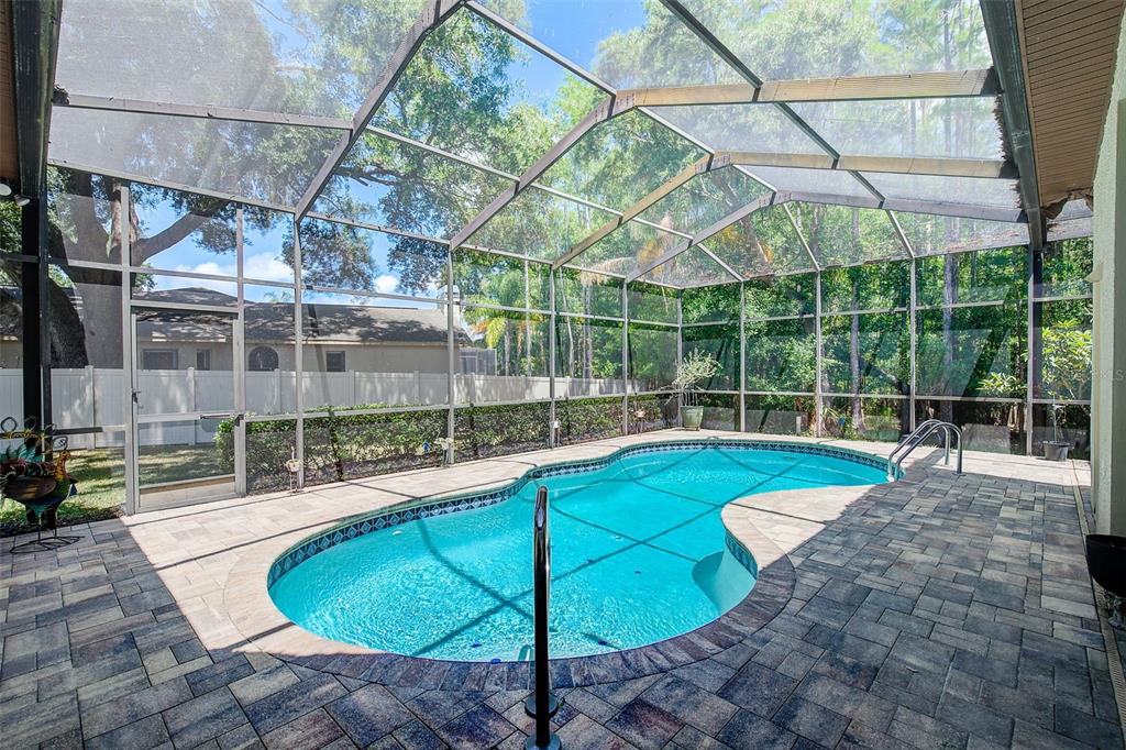 A screened-in patio features a kidney-shaped swimming pool surrounded by stone pavers and lush trees — 9757 HERMOSILLO DRIVE, NEW PORT RICHEY, FL