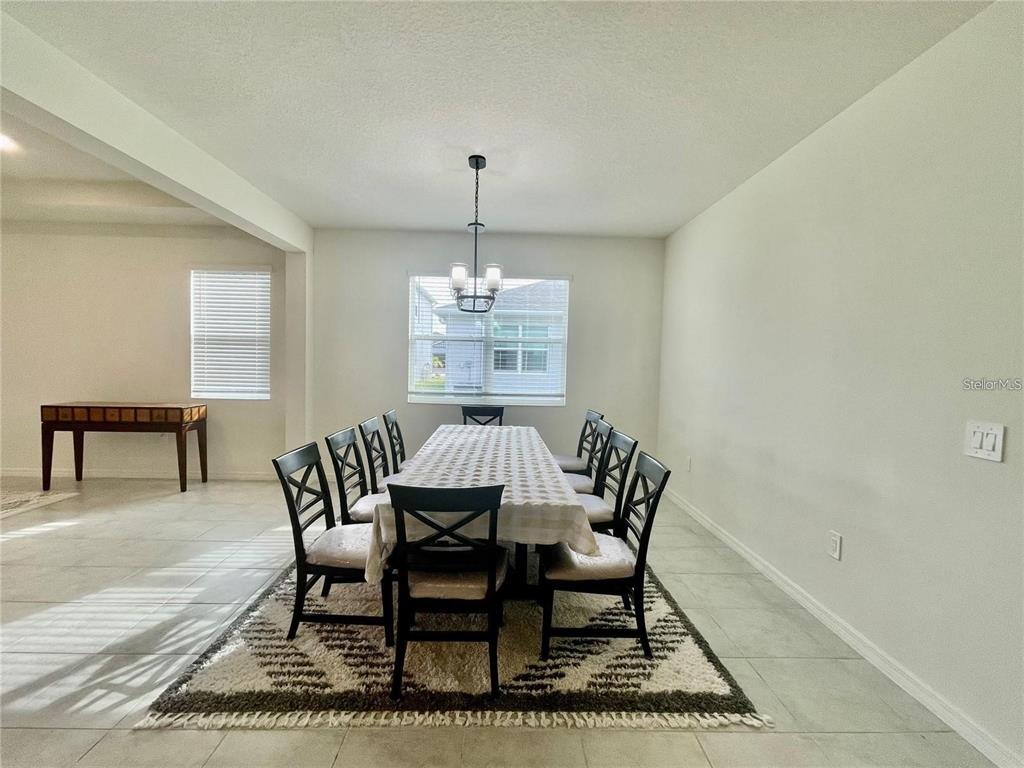 A dining room features a long table with eight chairs, a chandelier, and a rug — 14311 59TH CIRCLE E, BRADENTON, FL