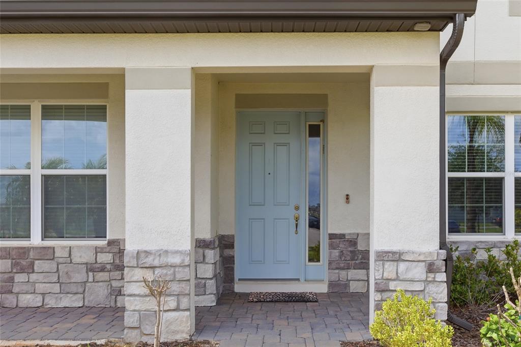 A light blue front door with a side window sits under a covered entryway — 9844 CABERNET AVENUE, SEFFNER, FL