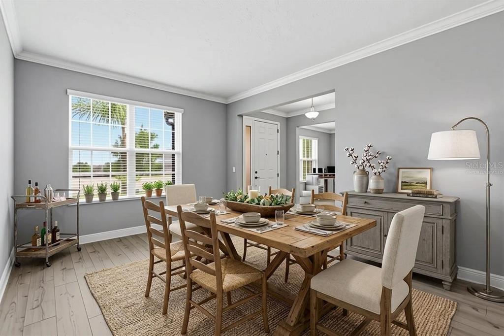 A dining room features a wooden table, chairs, a sideboard, and a rolling bar cart — 9844 CABERNET AVENUE, SEFFNER, FL