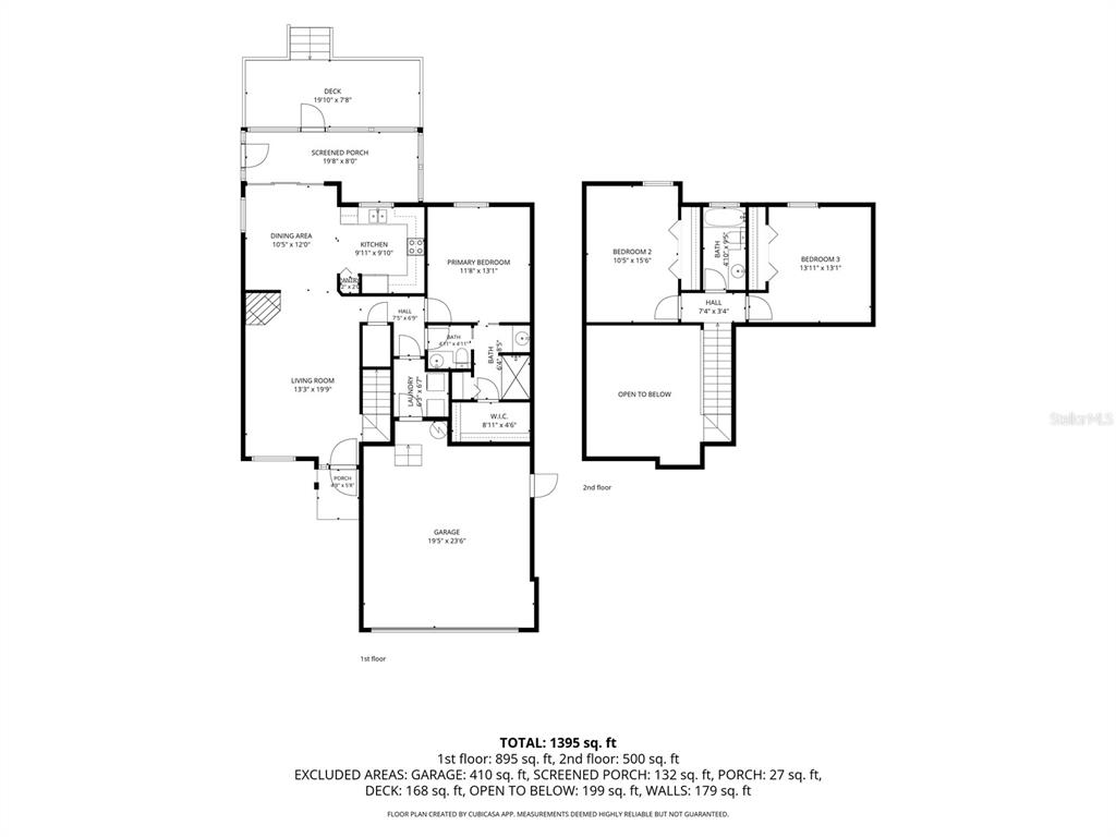 This is a two-story floor plan showing the layout of a house with three bedrooms — 183 HIGHLAND ROAD, TARPON SPRINGS, FL
