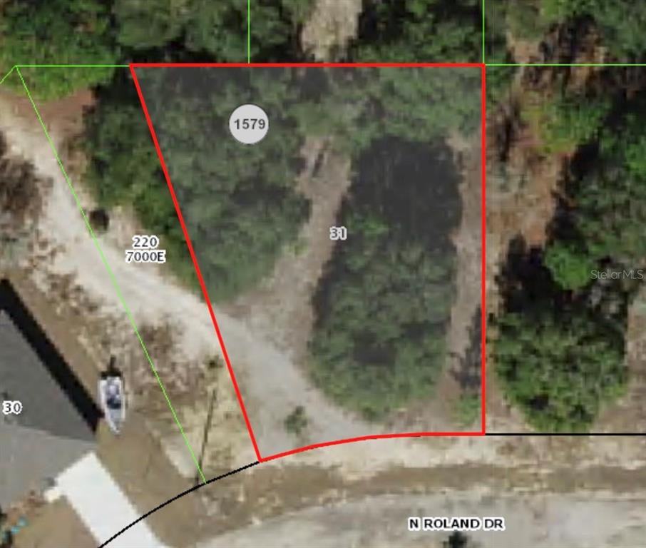 This aerial map shows a vacant, wooded residential lot located along a curved road — 6696 N ROLAND DRIVE, CITRUS SPRINGS, FL