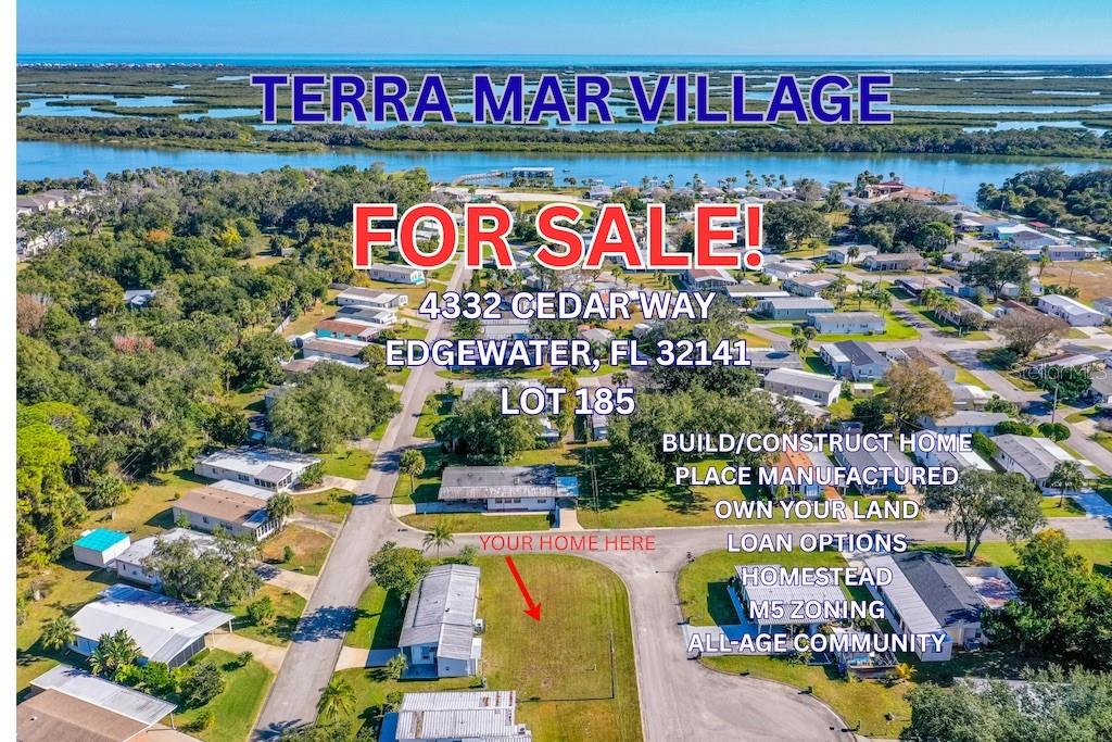 An aerial view shows a vacant residential lot in a coastal manufactured home community — 4332 CEDAR WAY, EDGEWATER, FL