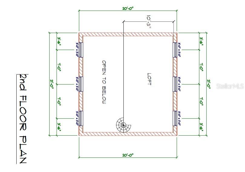 This floor plan shows a second-floor loft area with an open space and spiral staircase — 4332 CEDAR WAY, EDGEWATER, FL