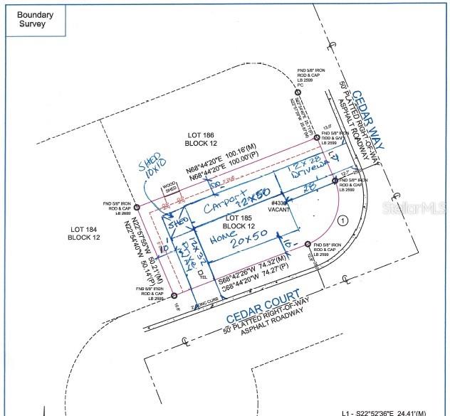 This is a boundary survey map showing a residential lot with a home and structures — 4332 CEDAR WAY, EDGEWATER, FL