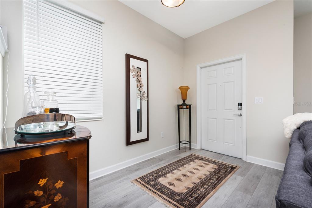 An entryway features light gray wood-look flooring, a white door, and a decorative wall mirror — 15121 BOOK CLUB ROAD, WINTER GARDEN, FL