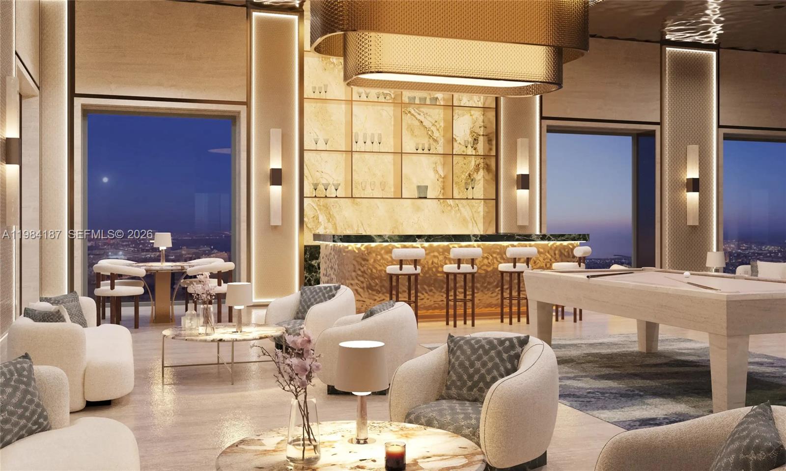 This rendering shows a luxury lounge with a bar, pool table, and floor-to-ceiling windows — 79 Sheikh Zayed Road # 6601, Dubai, FL
