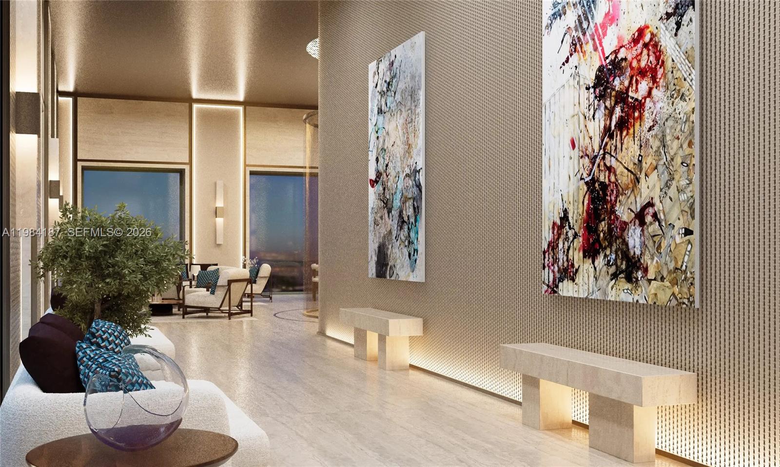 This rendering shows a modern lobby with textured walls, abstract art, and stone benches — 79 Sheikh Zayed Road # 6601, Dubai, FL