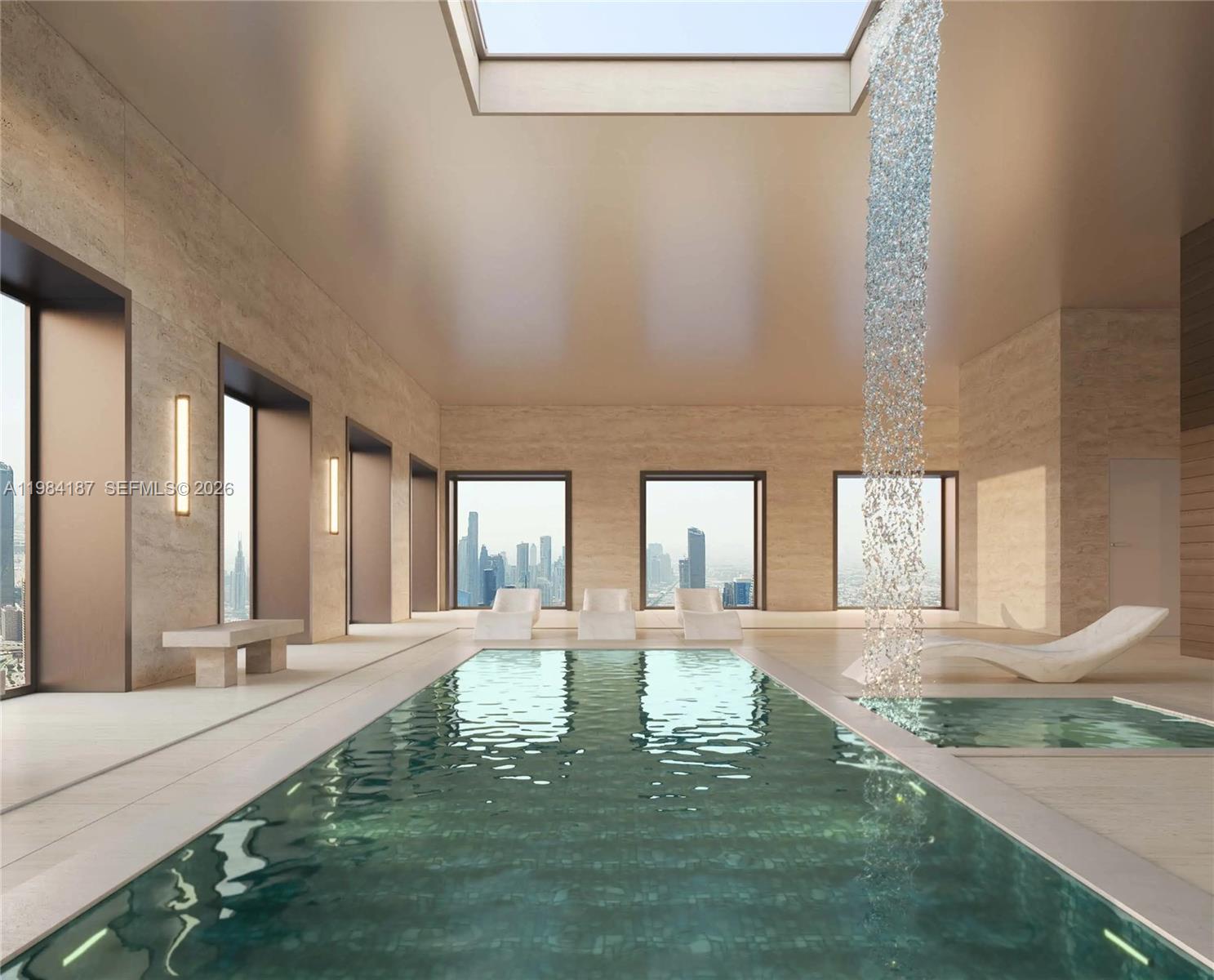 This rendering shows an indoor pool room with a waterfall feature and city skyline views — 79 Sheikh Zayed Road # 6601, Dubai, FL