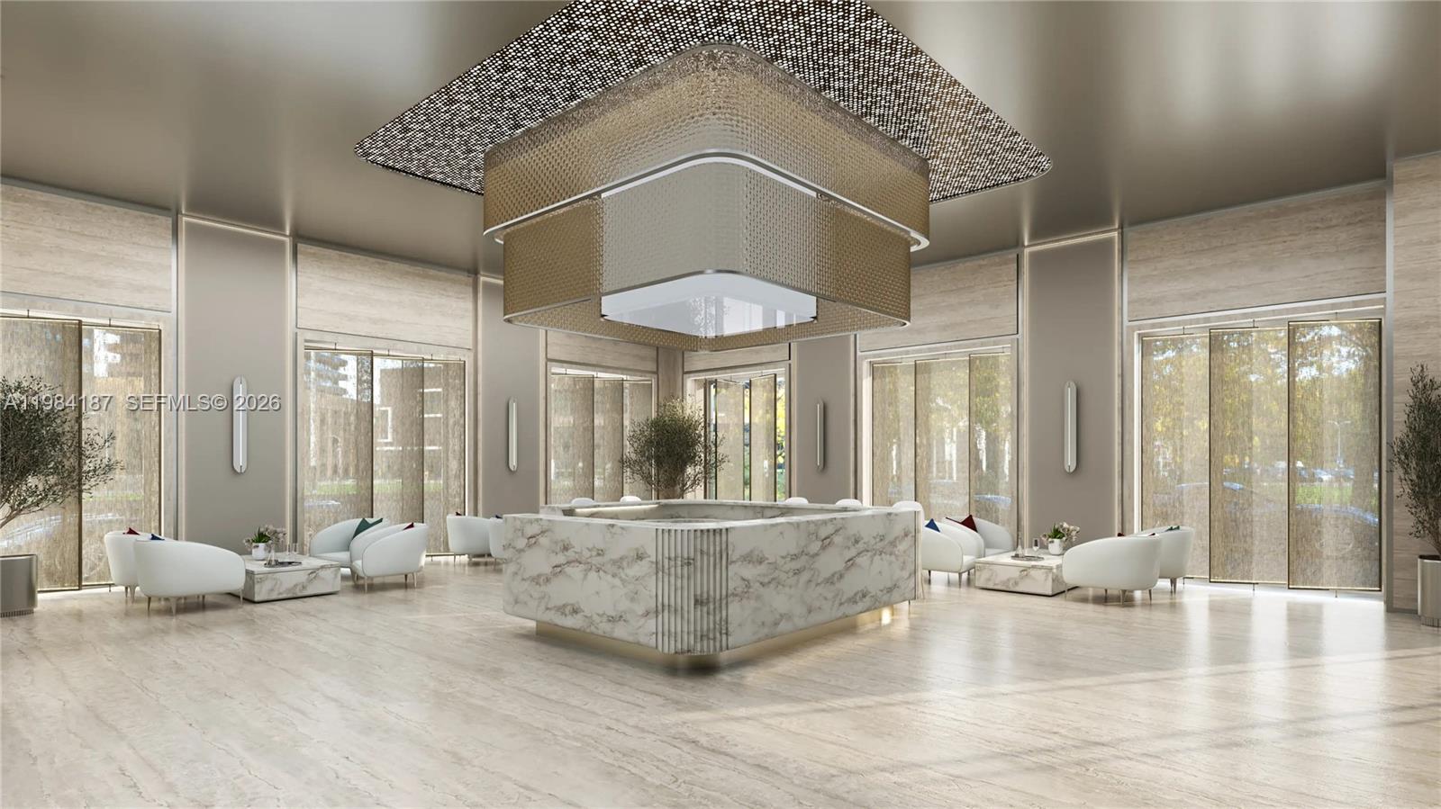 This rendering shows a modern lobby with a large marble desk and tiered metallic ceiling — 79 Sheikh Zayed Road # 6601, Dubai, FL