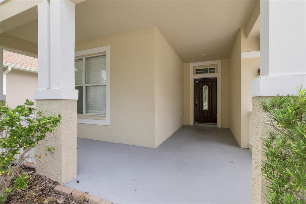 A covered front porch with a dark brown door and light-colored stucco walls — 7806 GRASMERE DRIVE, LAND O LAKES, FL