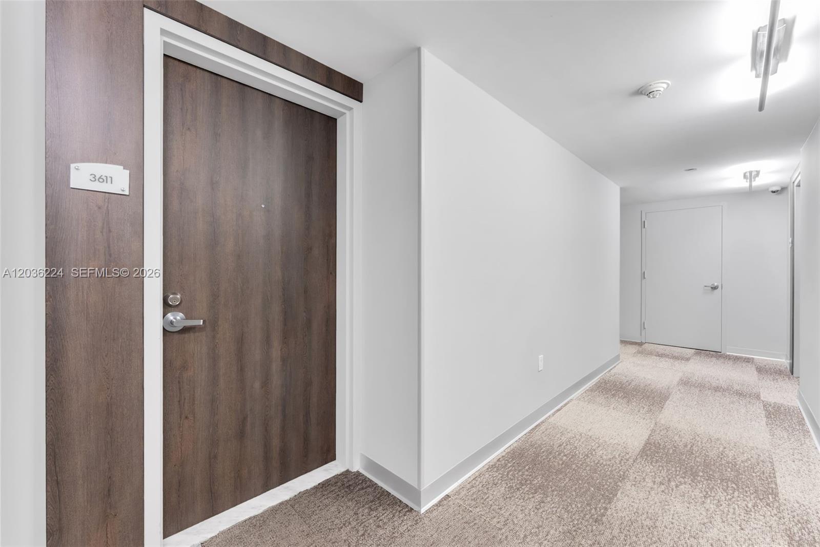 A hallway features a dark wood door labeled 3611, white walls, and carpeted flooring — 92 SW 3rd St # 3611, Miami FL 33130, MIAMI, FL