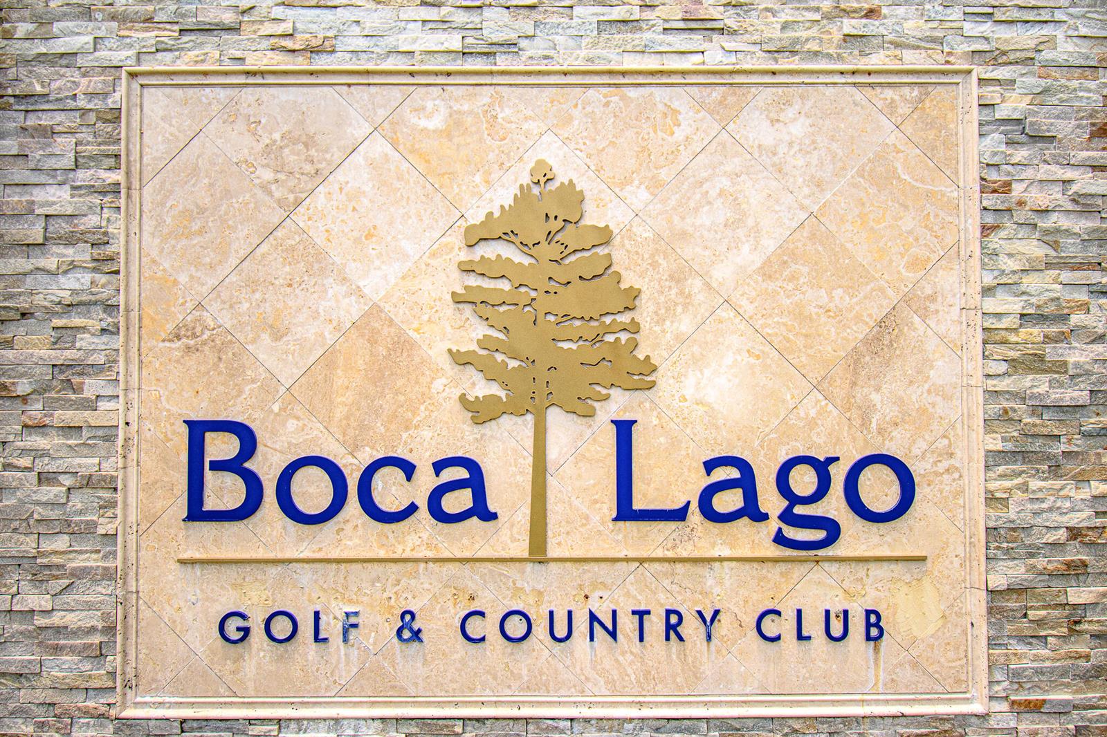 A stone-clad sign displays the name Boca Lago Golf & Country Club with a tree icon — 8334 Cypress Lane # 1a, Boca Raton FL 33433, BOCA RATON, FL