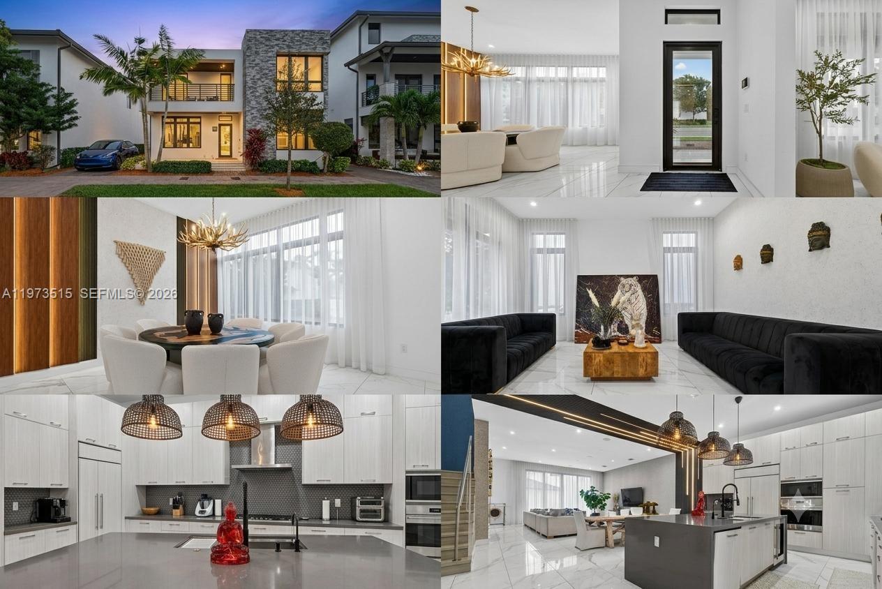 This collage shows the exterior and interior of a modern home with white marble floors — 8126 NW 48th Ter, Doral FL 33166, DORAL, FL