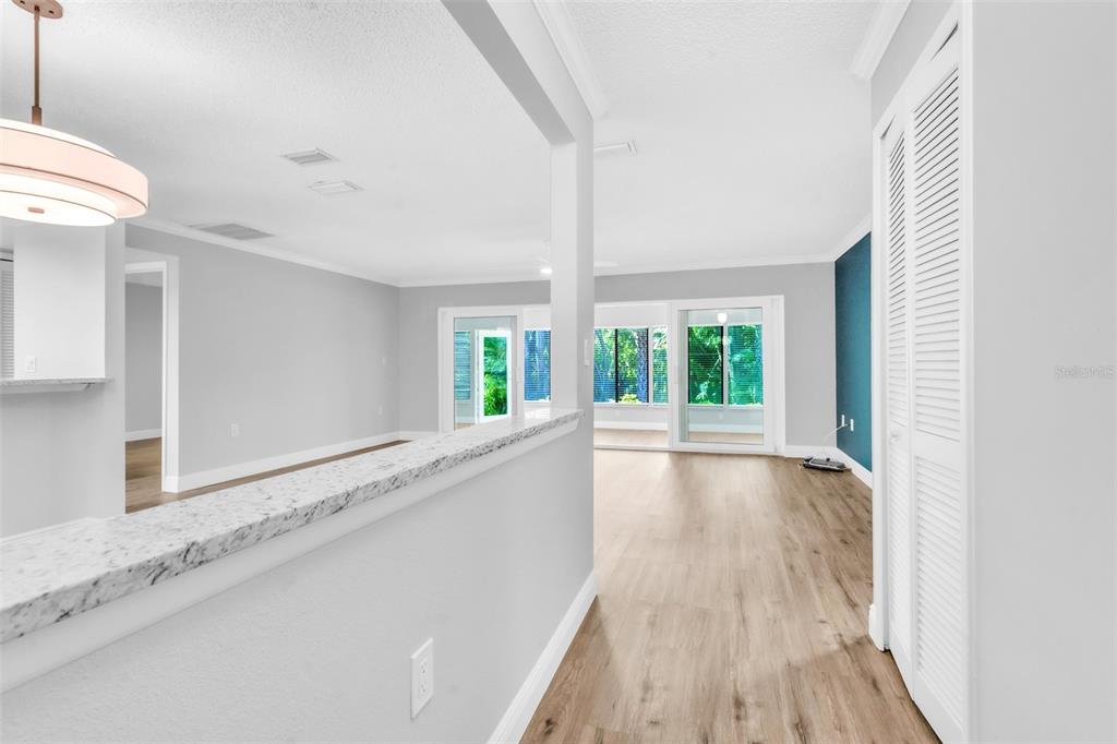 A view from a kitchen counter looking into a living area with wood-look flooring — 600 S WOODLANDS DRIVE, OLDSMAR, FL