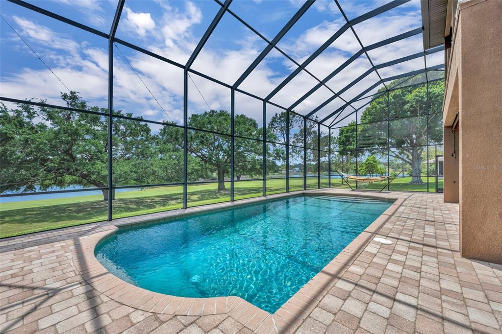 A screened-in swimming pool with a paver deck overlooks a grassy lawn and a lake — 15001 GREEN VALLEY BOULEVARD, CLERMONT, FL