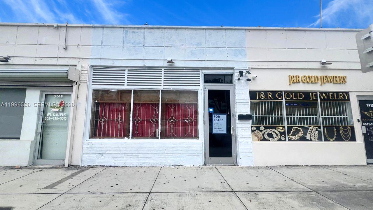 The exterior of a commercial building features a vacant storefront with a for lease sign — 2617 W Flagler St, Miami FL 33135, MIAMI, FL
