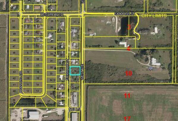 This is a satellite map showing a residential neighborhood with highlighted property lots — 1170 Foxmoor Street, Moore Haven FL 33471, MOORE HAVEN, FL
