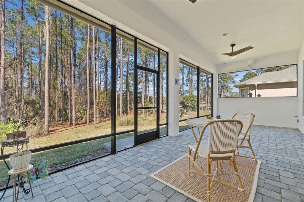A screened-in patio with paver flooring, a ceiling fan, and a view of trees — 4905 MAJESTIC HILLS LOOP, BROOKSVILLE, FL