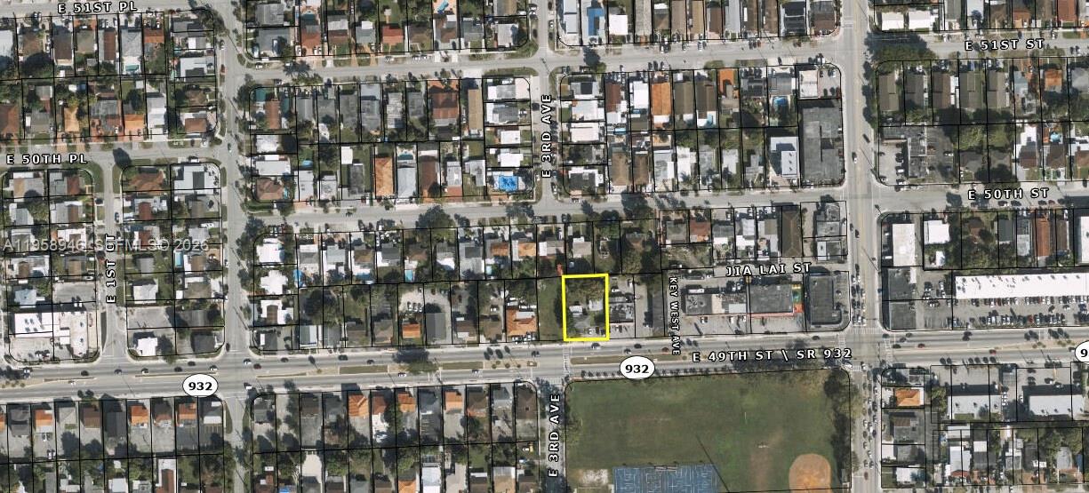 This is an aerial map view showing a highlighted residential property lot — 309 E 49th St, Hialeah FL 33013, HIALEAH, FL
