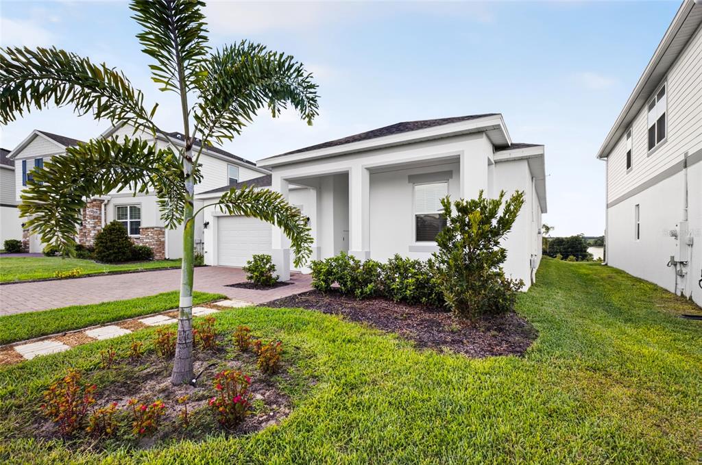 A white single-story house with a paved driveway, a palm tree, and a grassy lawn — 2053 HEART LAKE DRIVE, GROVELAND, FL