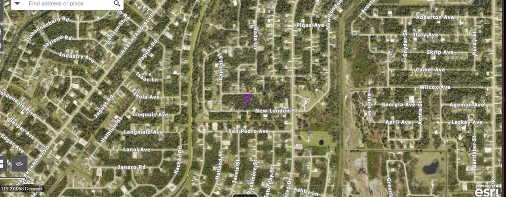 This is an aerial map view of a residential neighborhood with a highlighted property lot — Lot 11 FRESNO ROAD, NORTH PORT, FL