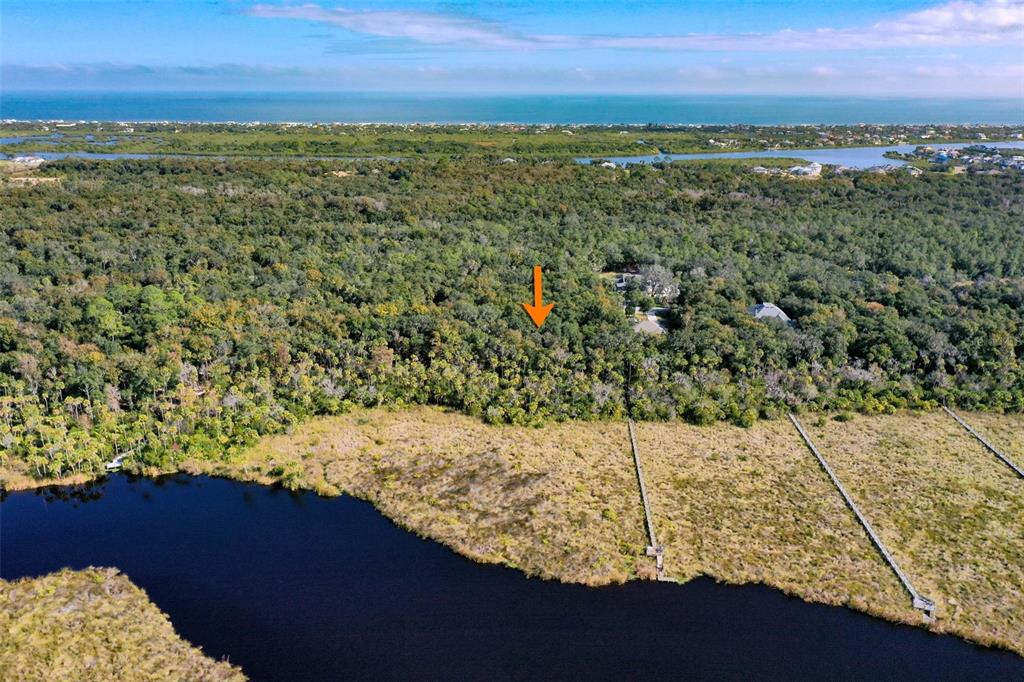 An aerial view shows a wooded lot with a dock extending into a dark waterway — 105 BRIDLE RIDGE COURT, FLAGLER BEACH, FL