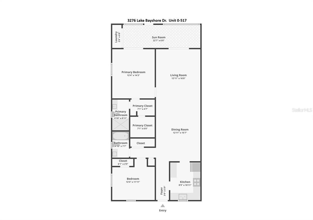 This is a floor plan for a two-bedroom, two-bathroom residential unit — 3276 LAKE BAYSHORE DRIVE N UNIT O-517, BRADENTON, FL