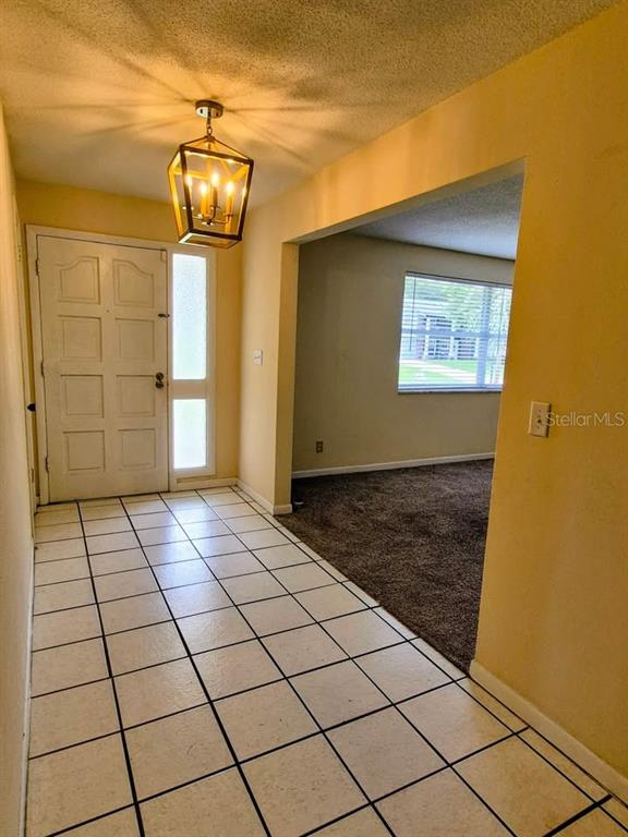 A tiled entryway leads into a carpeted living area with a hanging lantern light fixture — 39 PINE VALLEY CIRCLE, ORMOND BEACH, FL