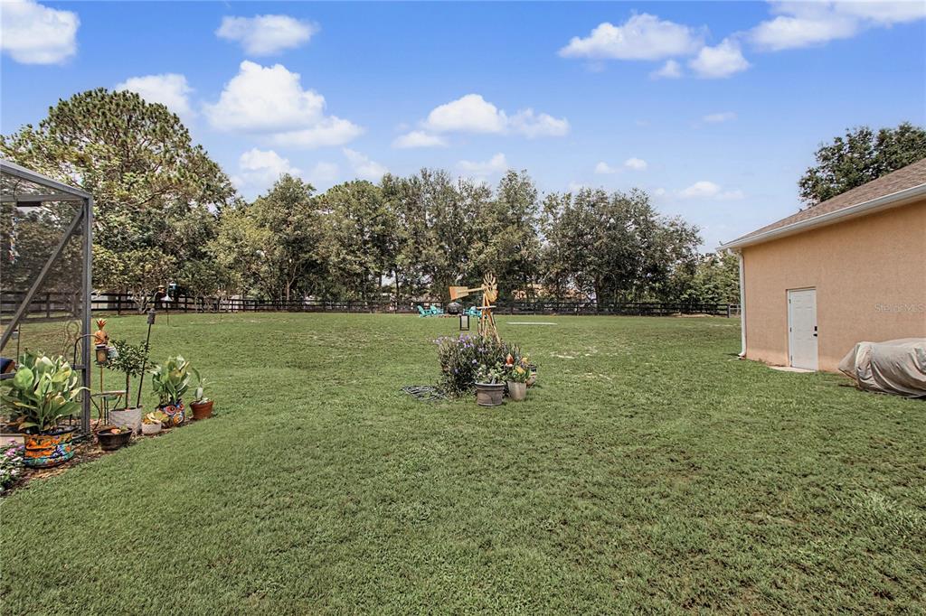 A large grassy backyard features a decorative windmill, potted plants, and a white exterior wall — 8840 SE 70 TERR, OCALA, FL
