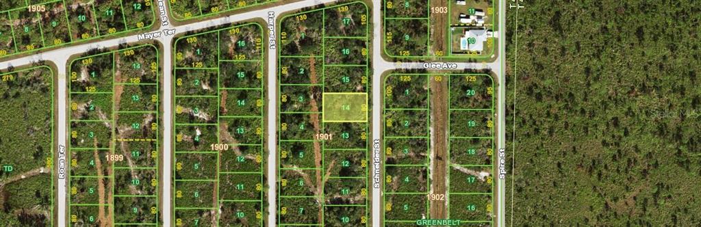This is an aerial map view showing a vacant residential lot highlighted in yellow — 4363 SCHNEIDER STREET, PORT CHARLOTTE, FL